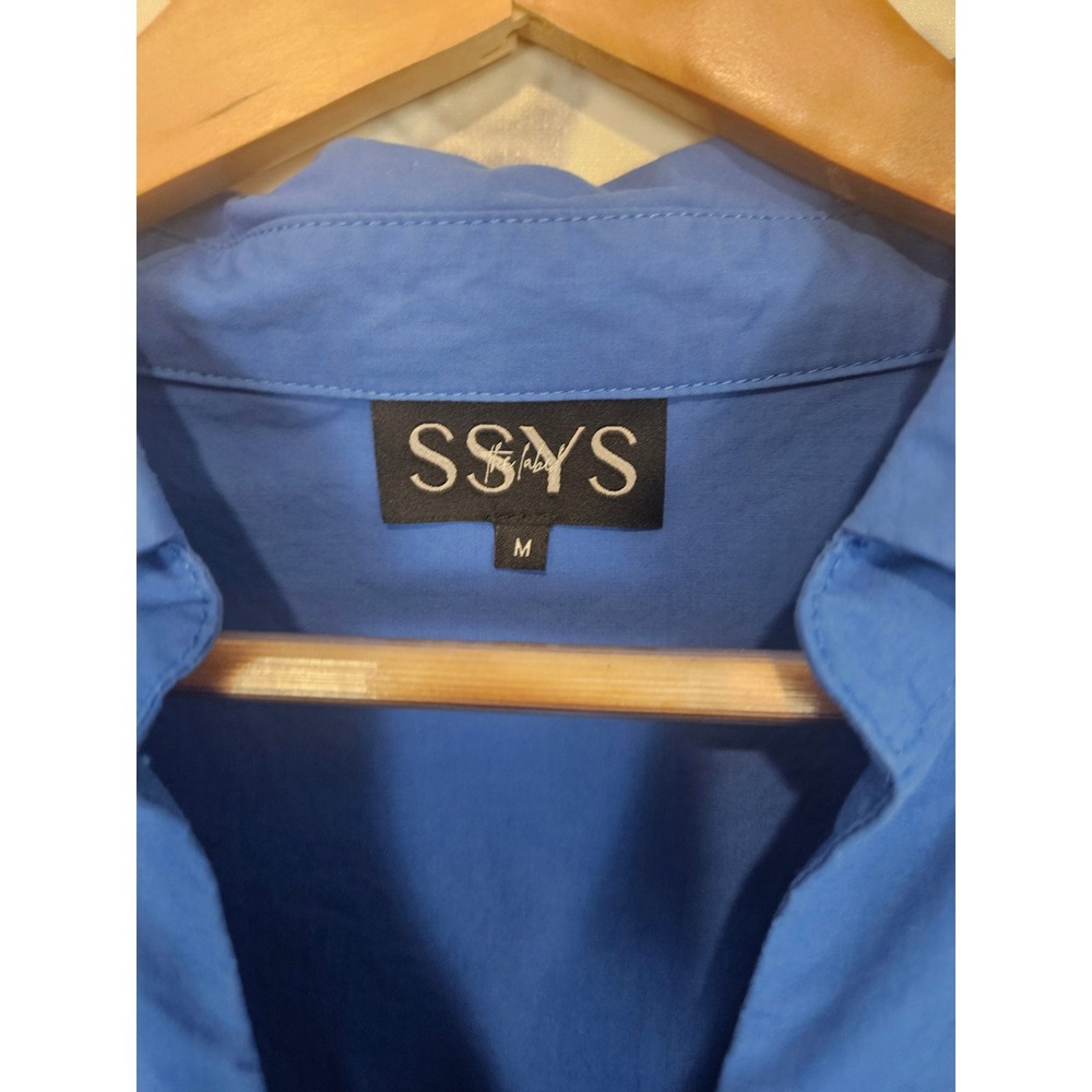 SSYS The Label Blue Cotton Poplin Ruffle Flutter Sleeve V-Neck Collared Dress M - Picture 3 of 7